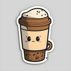 white cup of coffee sticker cartoon style no background  - obrazy, fototapety, plakaty