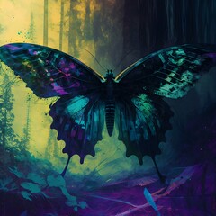 closeup of a realistic butterfly superimposed over an abstract vibrant forest 