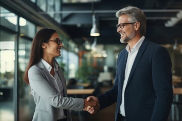 a young adult business woman female manager greeting a colleague or a client shaking hands in office