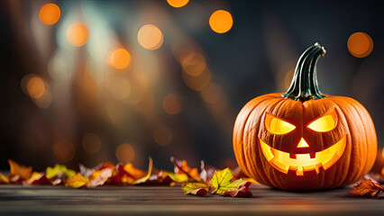 Halloween greeting card with bright orange pumpkin and maple leaves on a blurred autumn forest bokeh background with space for text. Fall season concept.