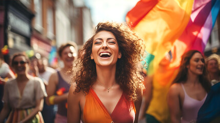 Pride Parade. Happy young woman at parade with lots of happy LGBT people celebrating freedom and love  - obrazy, fototapety, plakaty