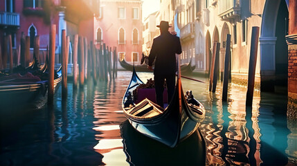 Gondolier navigating gondola through Venetian channels at early morning. Venetian places and beautiful reflection in water