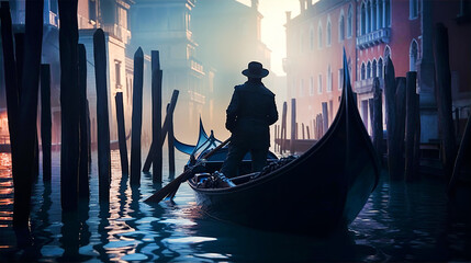 Gondolier navigating gondola through Venetian channels at early morning. Venetian places and beautiful reflection in water - obrazy, fototapety, plakaty