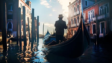 Foto op Plexiglas Gondels Gondolier navigating gondola through Venetian channels at early morning. Venetian places and beautiful reflection in water