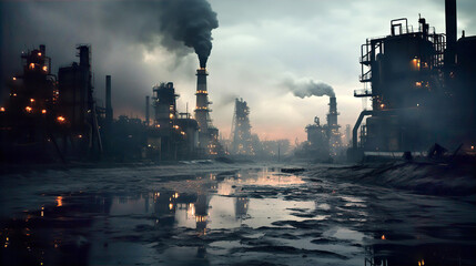  Industrial waste and pollution. Power station with pipes and smoke stack, dirty industrial landscape - obrazy, fototapety, plakaty