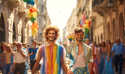 Pride Parade. Gay couple at parade with lots of happy LGBT people celebrating freedom and love  - obrazy, fototapety, plakaty