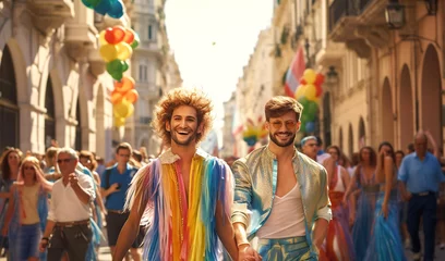 Foto op Canvas Pride Parade. Gay couple at parade with lots of happy LGBT people celebrating freedom and love  © IRStone