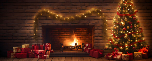 christmas tree near fireplace in blurry light, in the style of large canvas format, dark red, wood