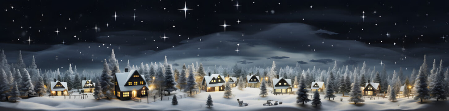 An Empty Christmas Village Lit Up With Lights With Some Trees, In The Style Of Collage Elements, Dark Gray, Panorama, Rustic Texture, Shaped Canvas