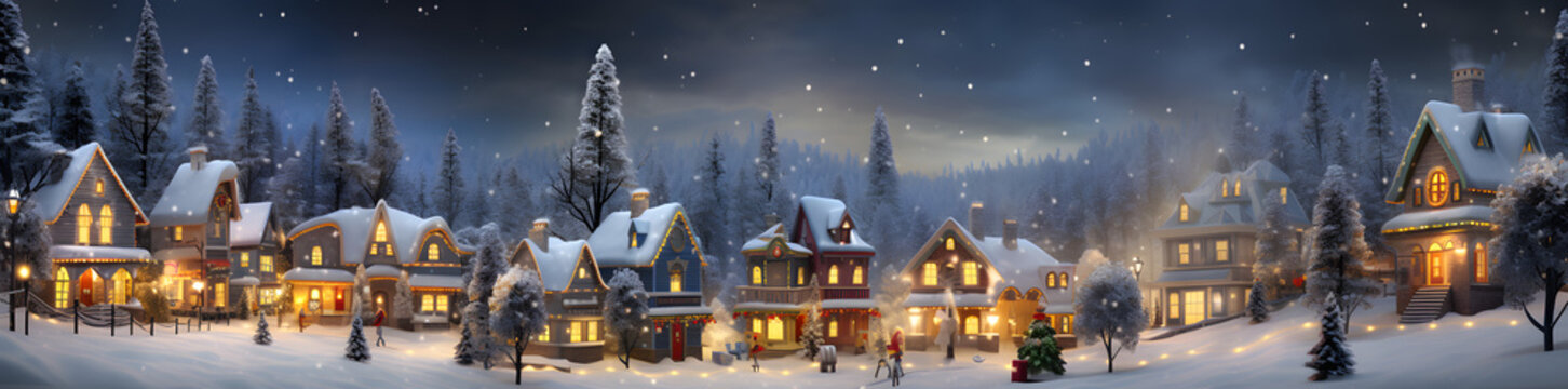 snow lighted winter village image, in the style of panorama, dark gray and beige