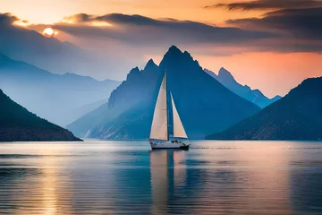 Deurstickers sailboat at sunset © Faizan