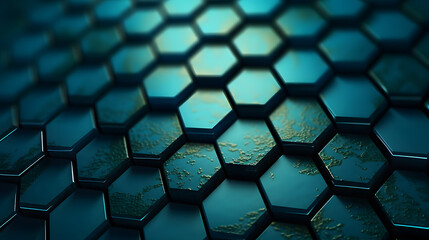 hexagonal background, in the style of bio-art, dark cyan, rim light, tilt-shift lenses, unconventional materials