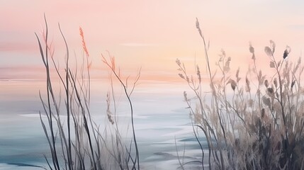 Grass on dune, sunrise in pink and gold hues. Nature landscape, outdoor sunset with floral reeds. Romantic emotion of calm, tranquility and beauty.