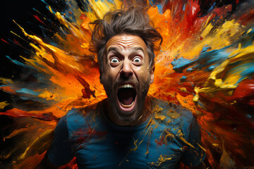 Astounding visual of a stunned artist, mouth agape in shock, captivated by a canvas, an evocative capture of raw surprise and disbelief. - obrazy, fototapety, plakaty