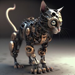 3D robot style cat made of silver and gold metallic material
Image generated by artificial intelligence, AI cat illustration.