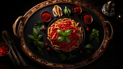 Pasta dish with tomato sauce and basil