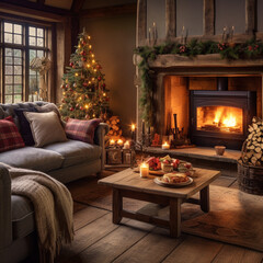 Christmas festivities, decor in a living room cabin