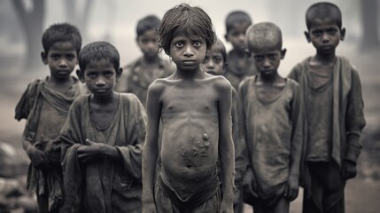 group of poor kids in africa, poverty and starvation - obrazy, fototapety, plakaty