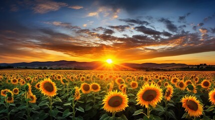  a field of sunflowers with the sun setting in the background.  generative ai