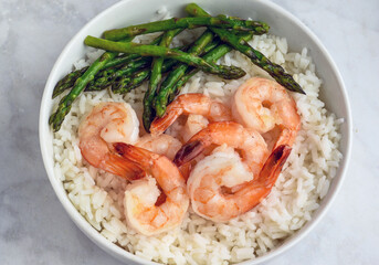 sauteed asparagus and shrim  on white rice