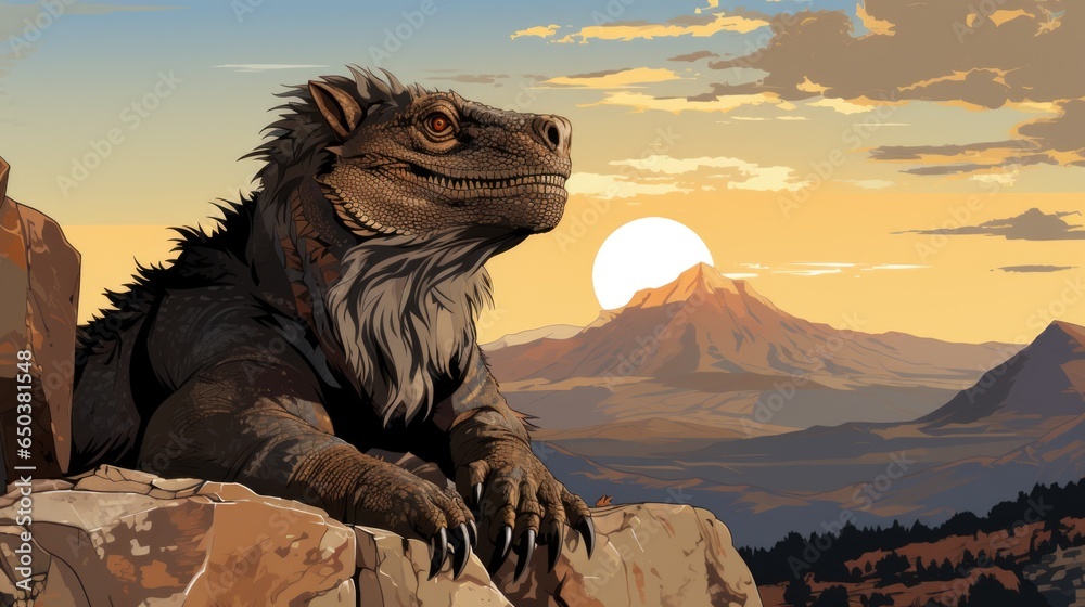 Wall mural a fantastic reptile sitting on a rock with mountains in the background, ai