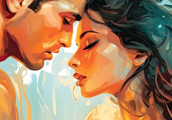 Passionate kiss between charming handsome lovers. Colorfull image of loving couple. Cropped close up profile. Digital art in the style of a painted picture. Illustration for cover, card or print.