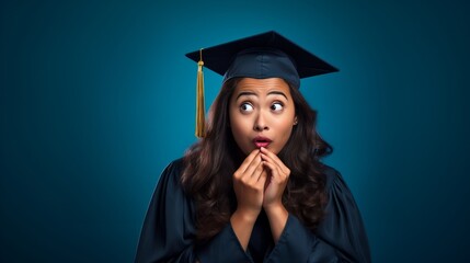 graduate female with diploma in blue studio doing shocked and scared expression