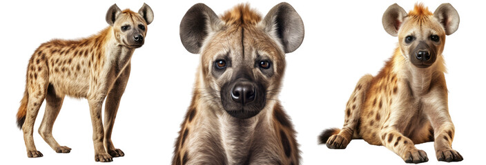 spotted hyena collection (portrait, standing, lying), animal bundle isolated on a white background as transparent PNG