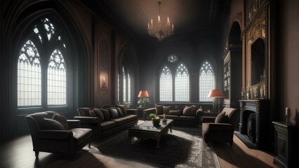 interior of gothic living room in dark