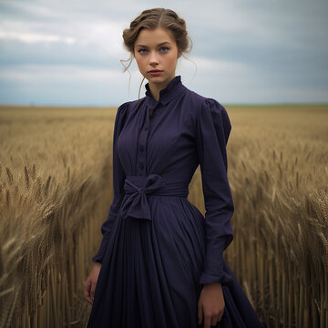 Female model in Traditional garb standing in a corn wheat field