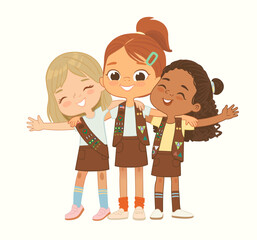 Happy multi ethnic multi aged Brownies girls scout hug. Girls Scout happily hug and smile. Girl together. Brownies Girls Scout
