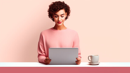 mujer con cabello corto con una laptop y una taza de café, aislada en un fondo rosado  - obrazy, fototapety, plakaty