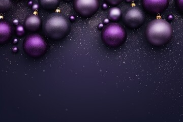 Christmas decorations with purple christmas balls and place for text.