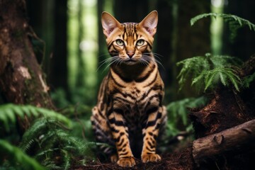 Naklejka na ściany i meble New Bengal cat forest. Mammal pet domestic. Generate Ai