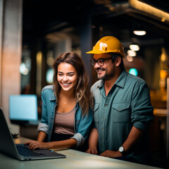 un hombre ingeniero con casco y una bella mujer sonriente, trabajando en una laptop en el ambiente de una construcción