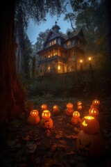 Halloween concept. Aesthetic old mystic house manor in dark forest with Halloween decorations for The Spooky Night – spider web, pumpkins, candle light.