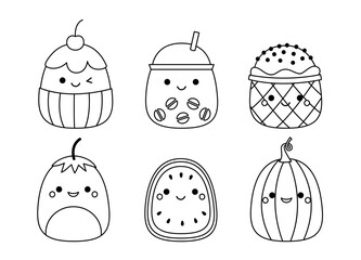 Cupcake coffee ice cream pumpkin. Squishmallow Coloring page Black and white Vector