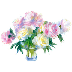 Watercolor illustration of peony flowers bouquet.