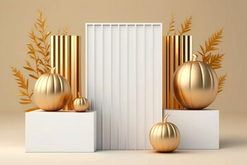 Luxury layout scene Halloween product podium with white and gold on white background. Gold pumpkins with display podium. Autumn  template for banner, advertisement mockup for Halloween or Thanksgiving