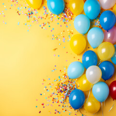 Colorful balloons, confetti and candies on yellow background, birthday party background, greeting card, with space for text