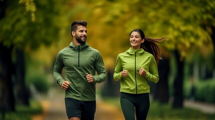 Couple running through the park wearing green clothes, inspired by nature