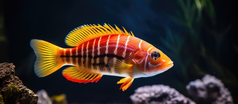 Red African cichlid mbuna a famous aquarium pet swimming in aquatic environment with decorative elements