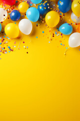Colorful balloons, confetti and candies on yellow background, birthday party background, greeting card, with space for text - 650385520