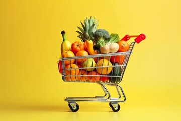 Shopping cart, with everyday products, isolated on solid color background.