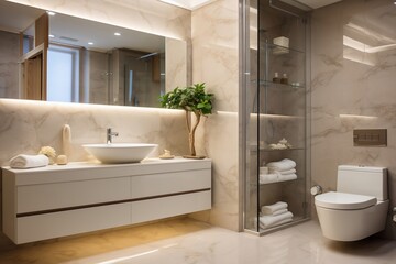 Fototapeta na wymiar Fresh Bathroom Interior Featuring a Stylish Mirror.