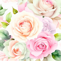 Pastel watercolor rose flowers with stems and leaves. Watercolor art background.