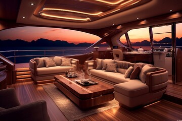 Nautical Elegance: Nighttime Ambiance Inside a Luxury Motor Yacht.