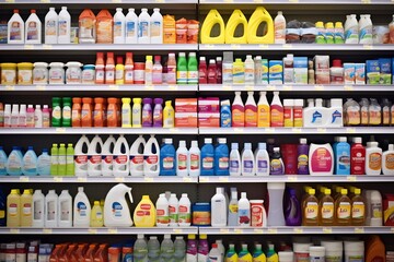 Extensive Array of Cleaning Supplies Adorning Store Shelves. - obrazy, fototapety, plakaty