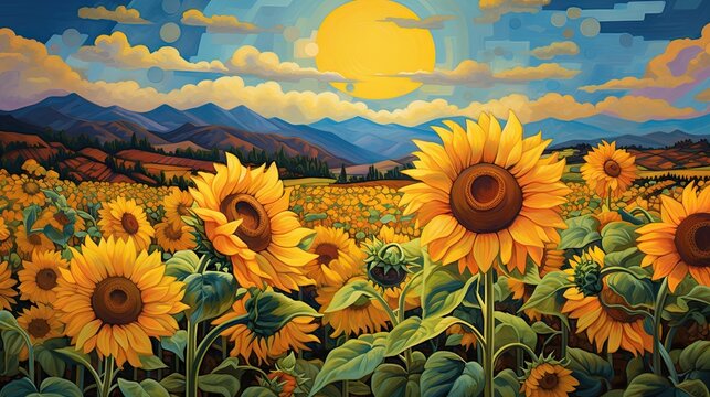  a painting of a sunflower field with mountains in the background.  generative ai