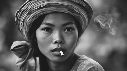 Black and white portrait of fictitious young Filipina smoking a cigarette AI generative